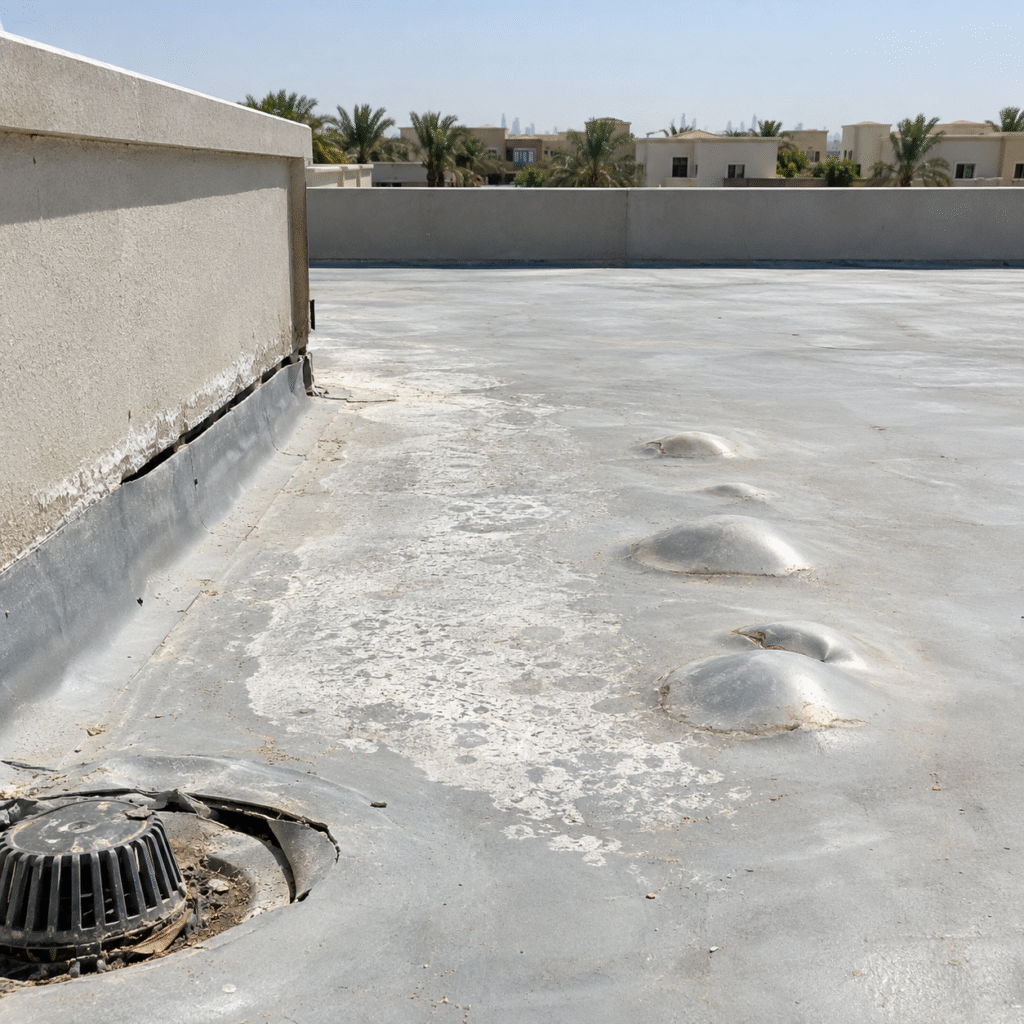 UAE villa rooftop showing waterproofing membrane damage from extreme heat and UV exposure, professional inspection by Servyx Dubai